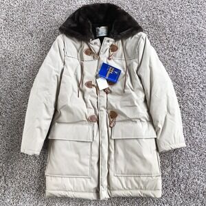 Vintage London Fog Faux Fur Lined Hooded Toggle Coat Beige Tan Union Made USA